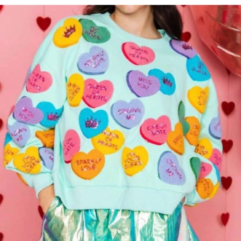 NWT QUEEN OF HEARTS Fuzzy Candy Hearts sweatshirt in mint